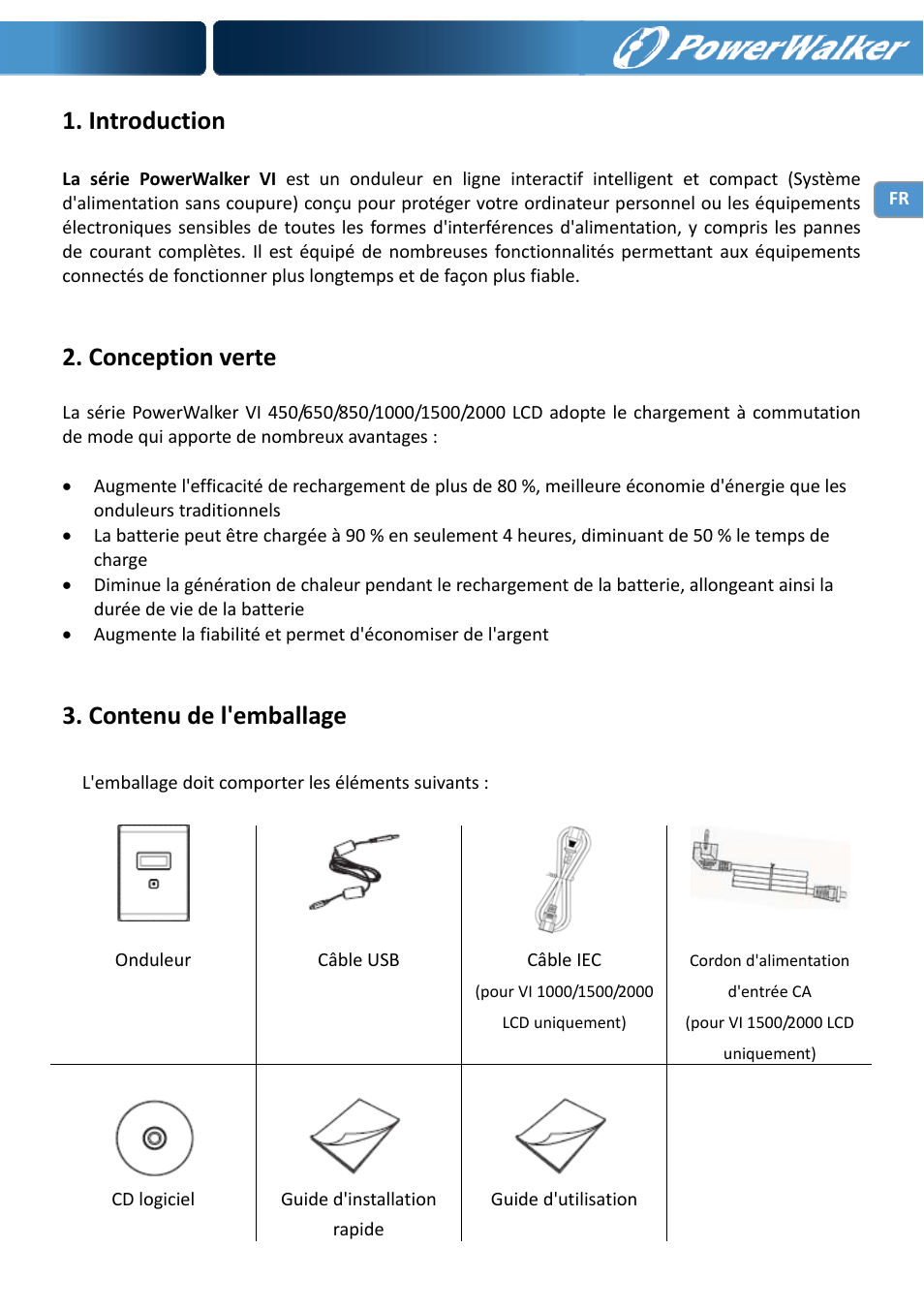 Introduction, Conception verte, Contenu de l'emballage | PowerWalker VI 650 LCD User Manual | Page 20 / 183