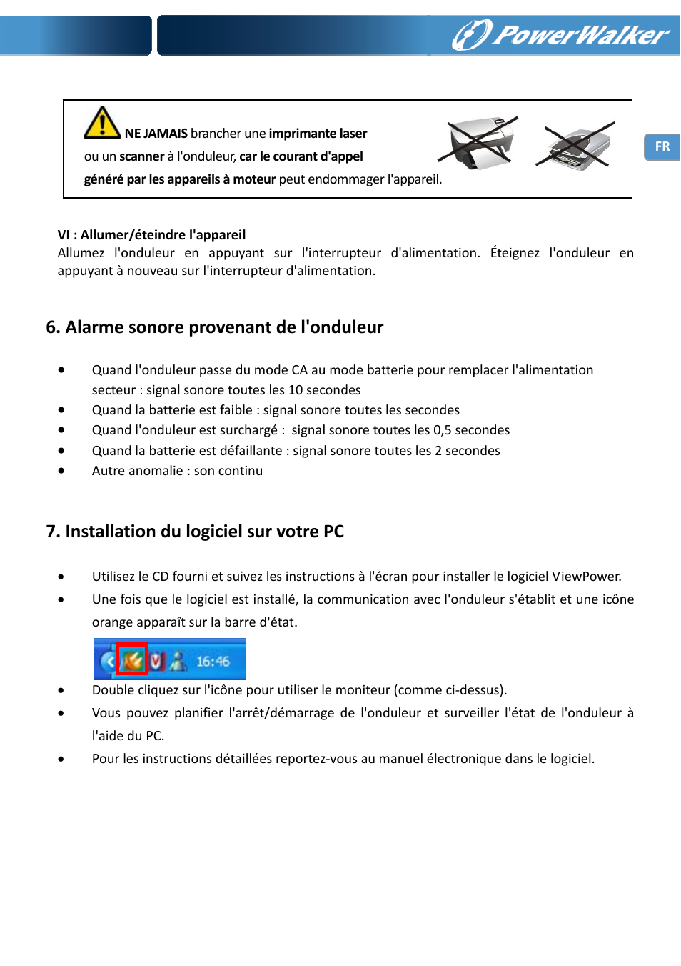 Alarme sonore provenant de l'onduleur, Installation du logiciel sur votre pc | PowerWalker VI 650 LCD User Manual | Page 23 / 183