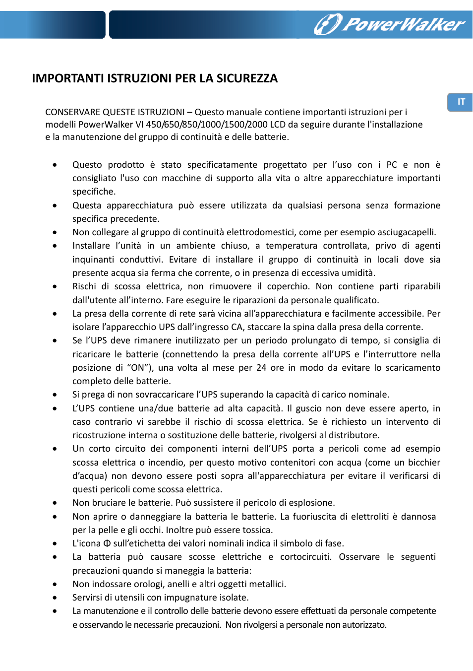 Importanti istruzioni per la sicurezza | PowerWalker VI 650 LCD User Manual | Page 36 / 183