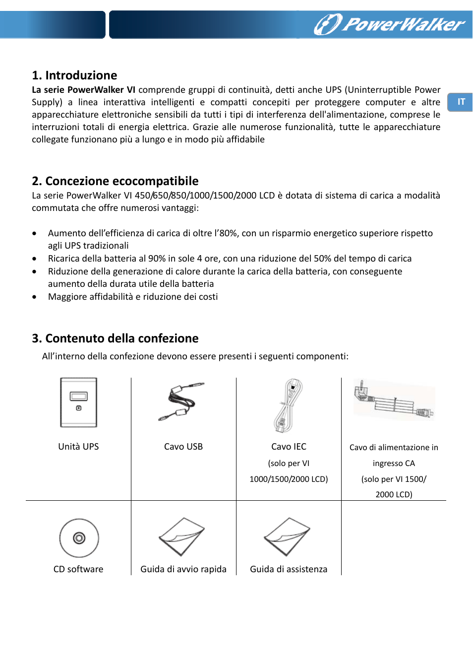 Introduzione, Concezione ecocompatibile, Contenuto della confezione | PowerWalker VI 650 LCD User Manual | Page 38 / 183