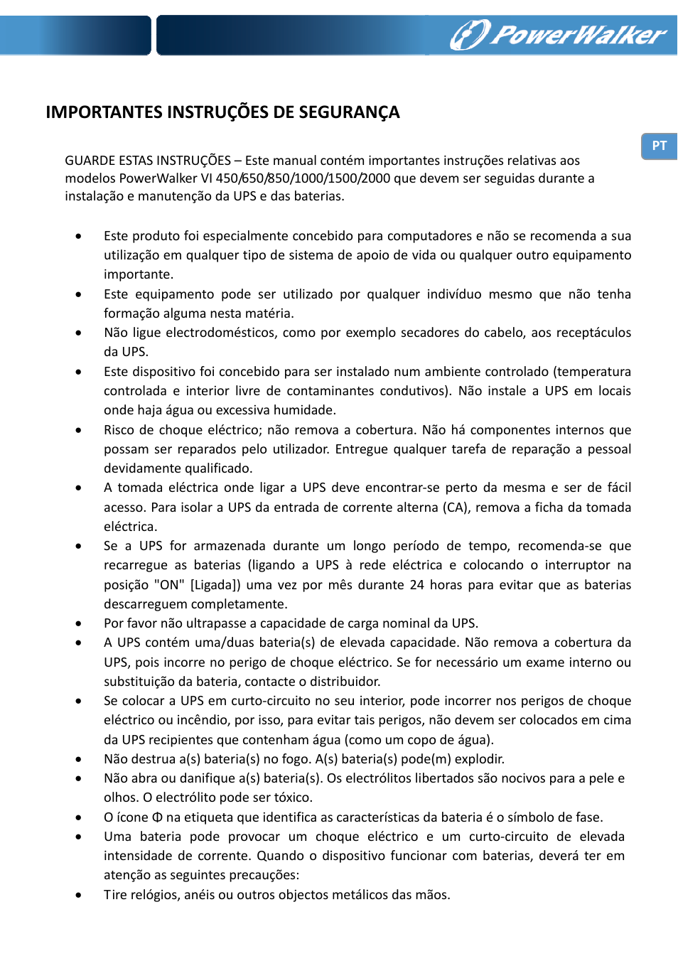 Importantes instruções de segurança | PowerWalker VI 650 LCD User Manual | Page 44 / 183