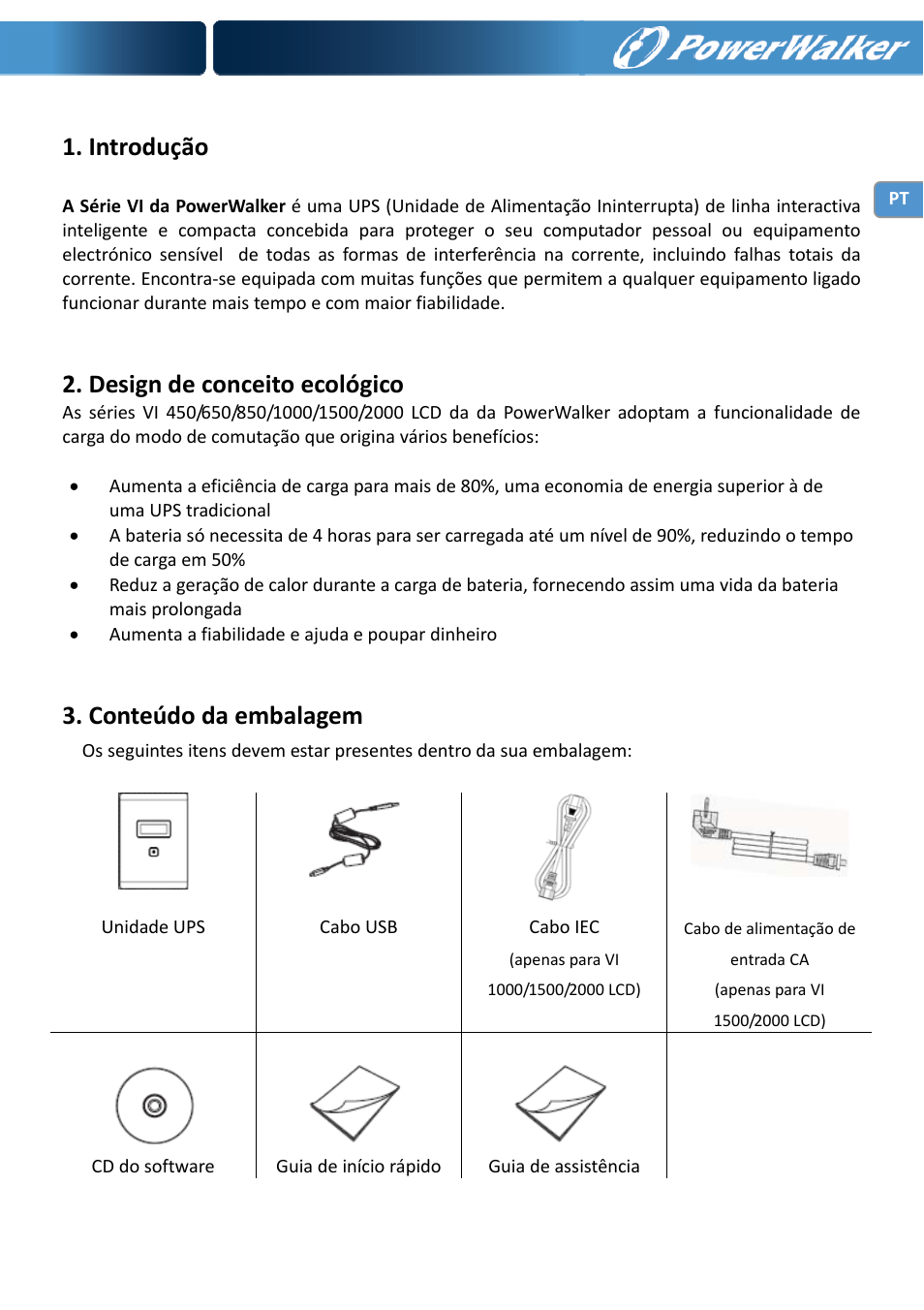 Introdução, Design de conceito ecológico, Conteúdo da embalagem | PowerWalker VI 650 LCD User Manual | Page 46 / 183