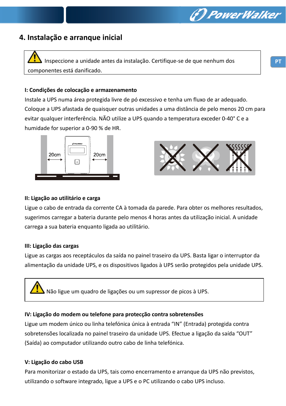 Instalação e arranque inicial | PowerWalker VI 650 LCD User Manual | Page 48 / 183