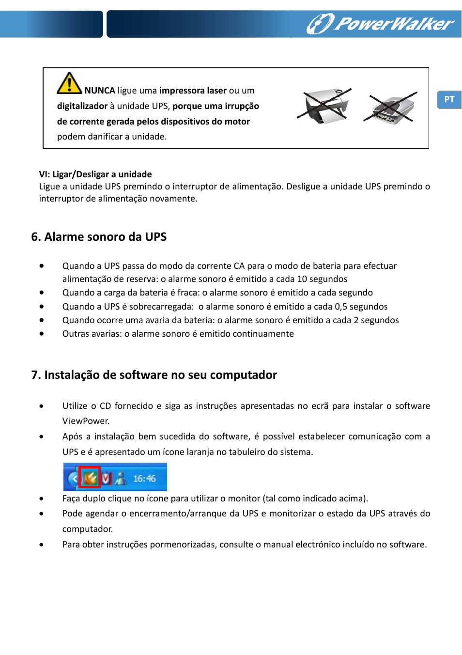 Alarme sonoro da ups, Instalação de software no seu computador | PowerWalker VI 650 LCD User Manual | Page 49 / 183