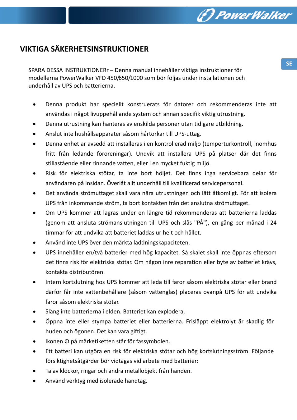 Viktiga säkerhetsinstruktioner | PowerWalker VI 650 LCD User Manual | Page 54 / 183