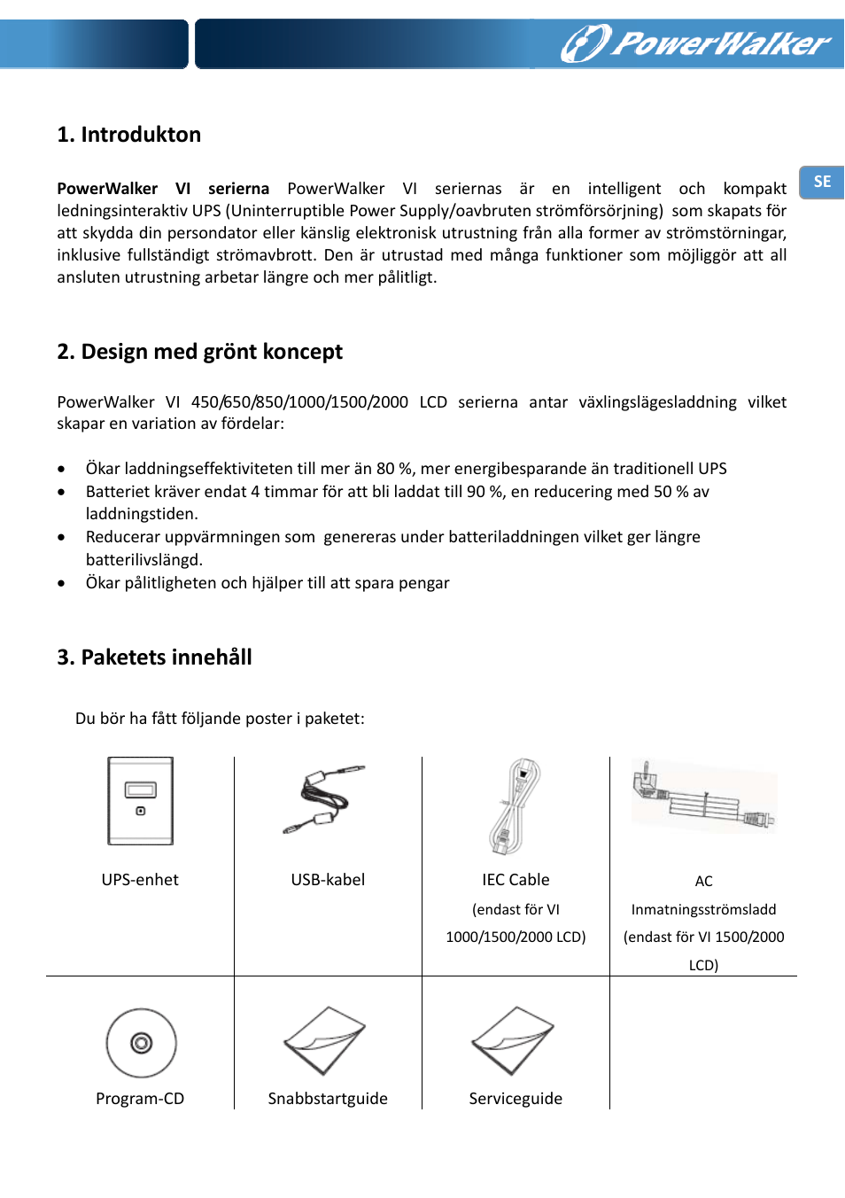 Introdukton, Design med grönt koncept, Paketets innehåll | PowerWalker VI 650 LCD User Manual | Page 56 / 183