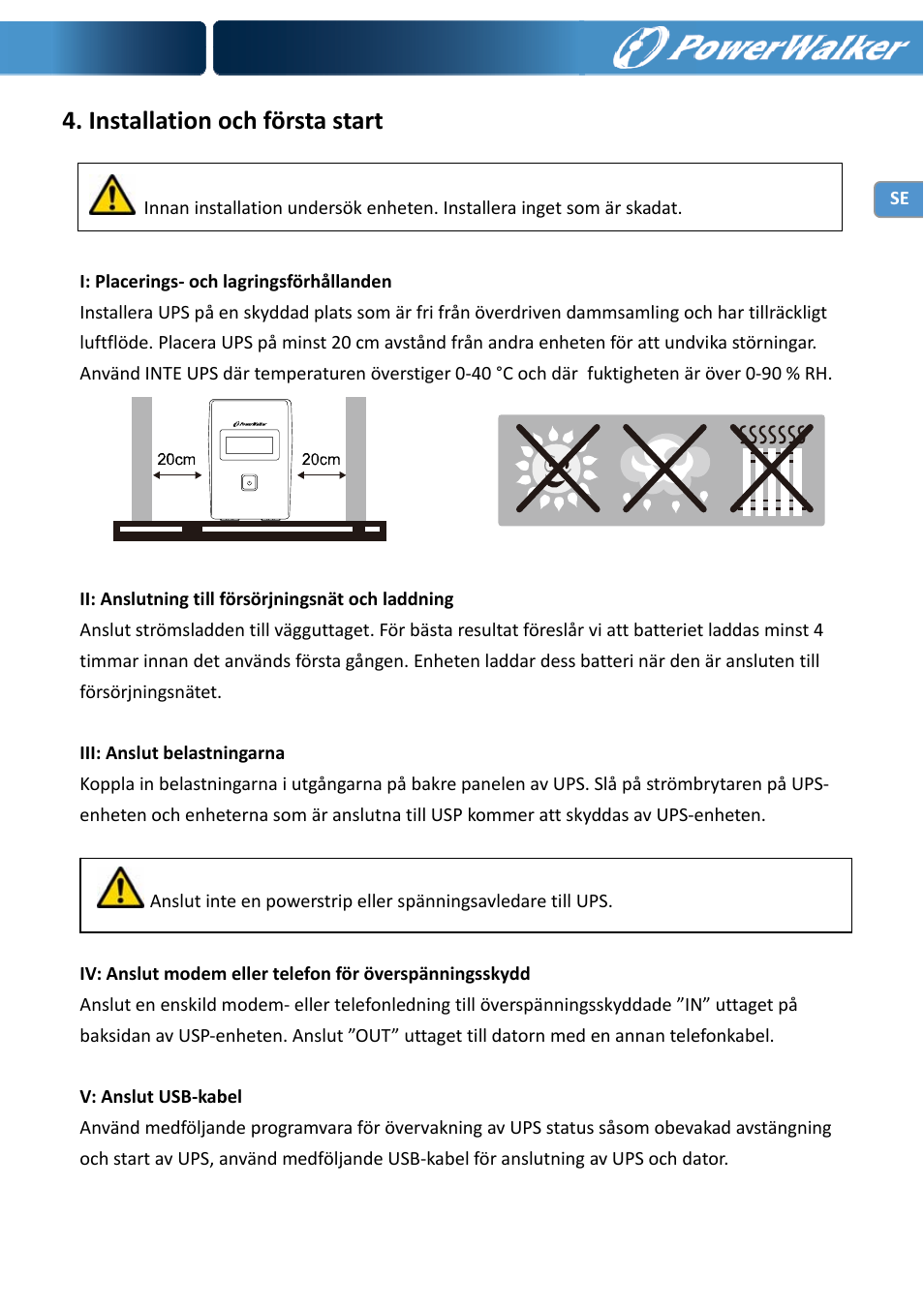 Installation och första start | PowerWalker VI 650 LCD User Manual | Page 58 / 183