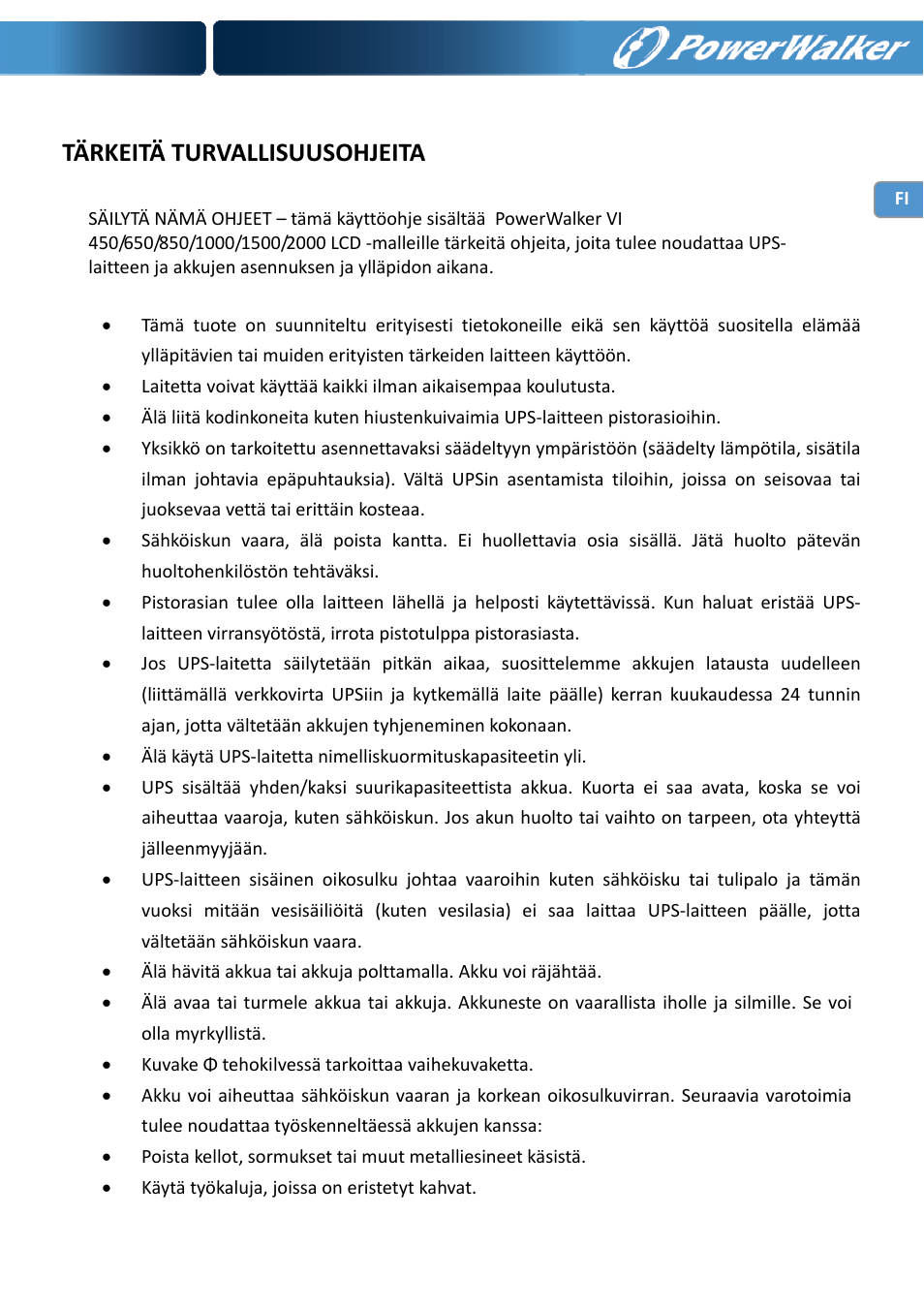 Tärkeitä turvallisuusohjeita | PowerWalker VI 650 LCD User Manual | Page 62 / 183