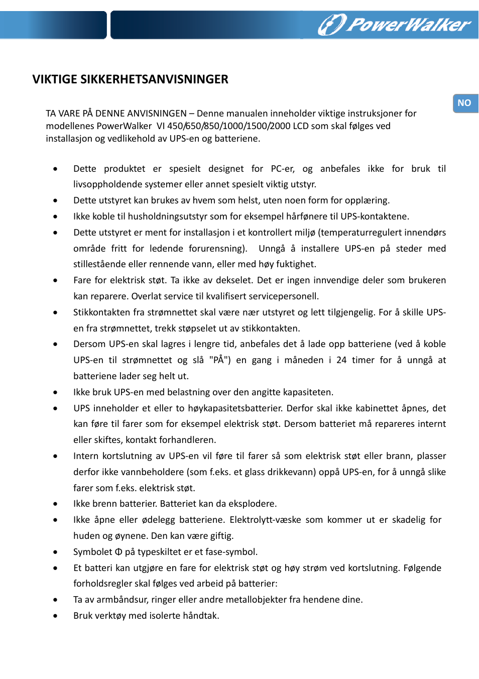 Viktige sikkerhetsanvisninger | PowerWalker VI 650 LCD User Manual | Page 70 / 183