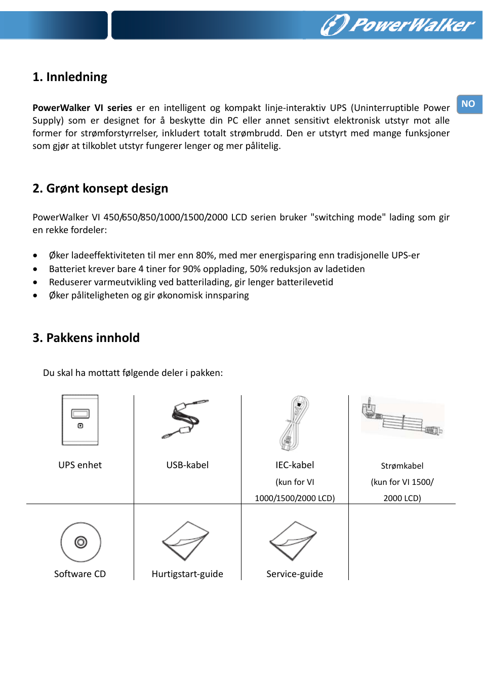 Innledning, Grønt konsept design, Pakkens innhold | PowerWalker VI 650 LCD User Manual | Page 72 / 183