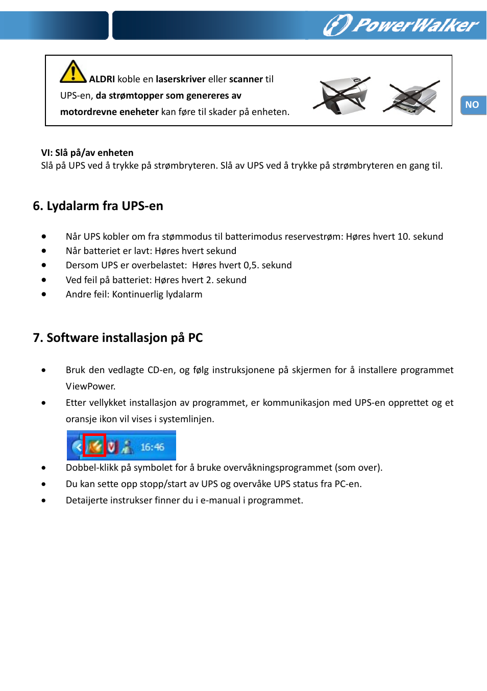 Lydalarm fra ups‐en, Software installasjon på pc | PowerWalker VI 650 LCD User Manual | Page 75 / 183