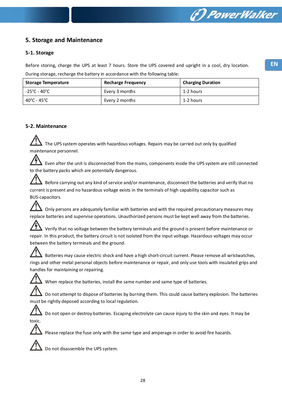 Storage and maintenance | PowerWalker Battery Pack for VFI 10000R LCD User Manual | Page 29 / 90