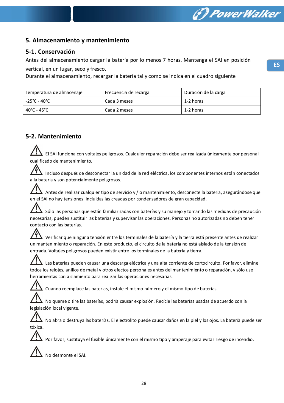 Almacenamiento y mantenimiento 5-1. conservación, 2. mantenimiento | PowerWalker Battery Pack for VFI 10000R LCD User Manual | Page 59 / 90