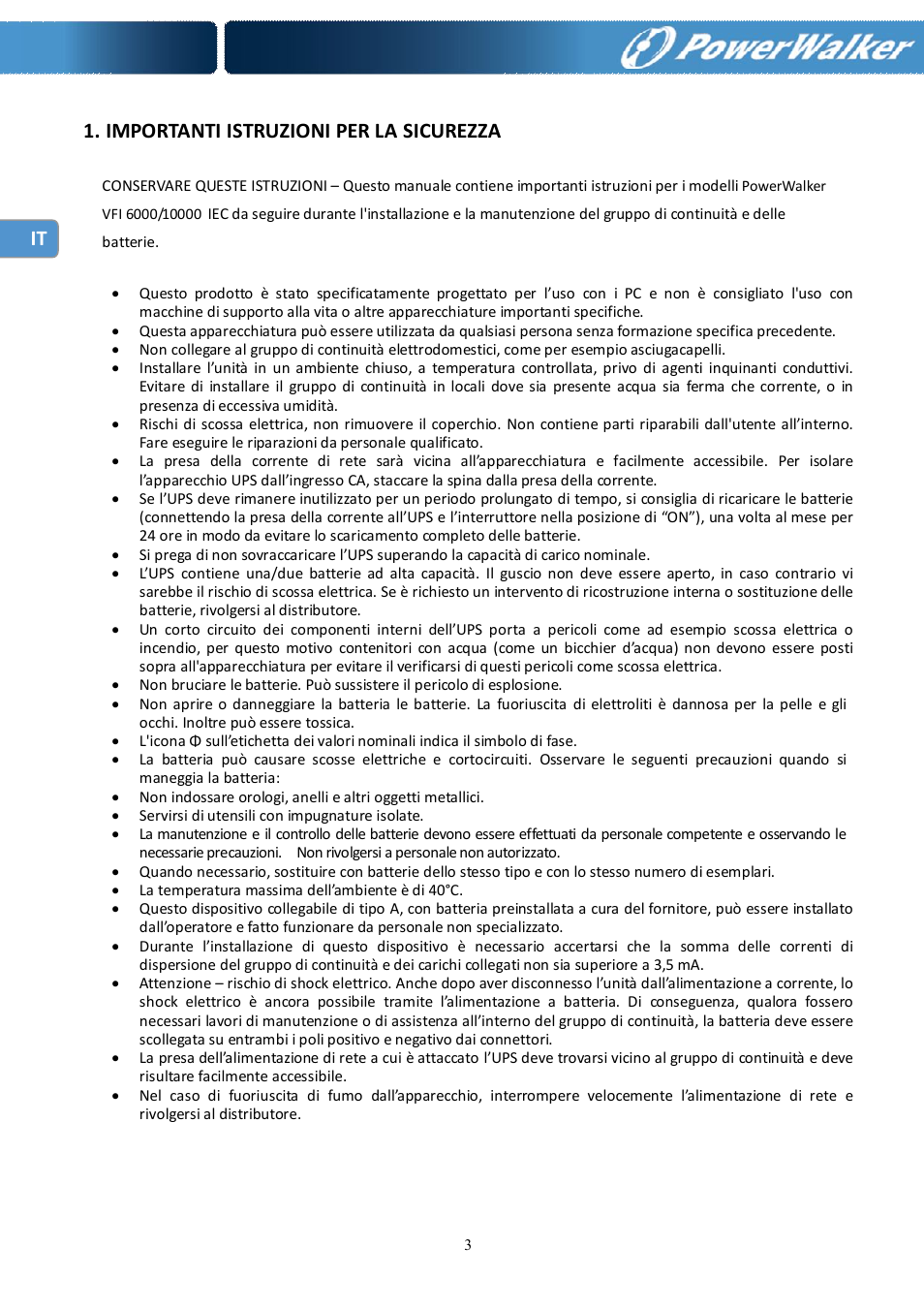 Importanti istruzioni per la sicurezza | PowerWalker Battery Pack for VFI 10000R LCD User Manual | Page 64 / 90