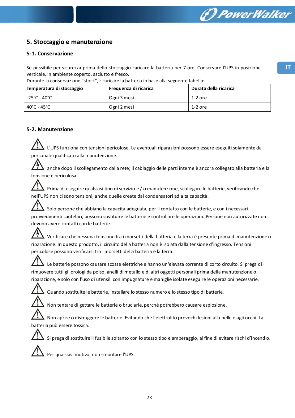 Stoccaggio e manutenzione | PowerWalker Battery Pack for VFI 10000R LCD User Manual | Page 89 / 90