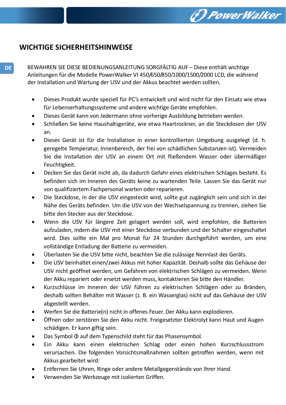 Wichtige sicherheitshinweise | PowerWalker VI 650 LCD_FR User Manual | Page 10 / 40