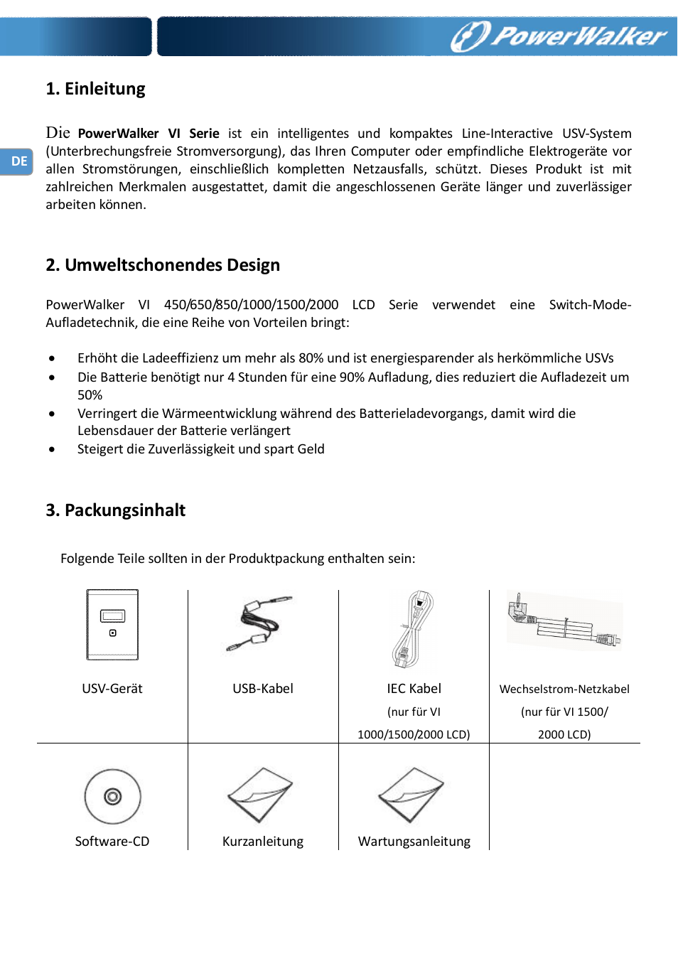Einleitung, Umweltschonendes design, Packungsinhalt | PowerWalker VI 650 LCD_FR User Manual | Page 12 / 40