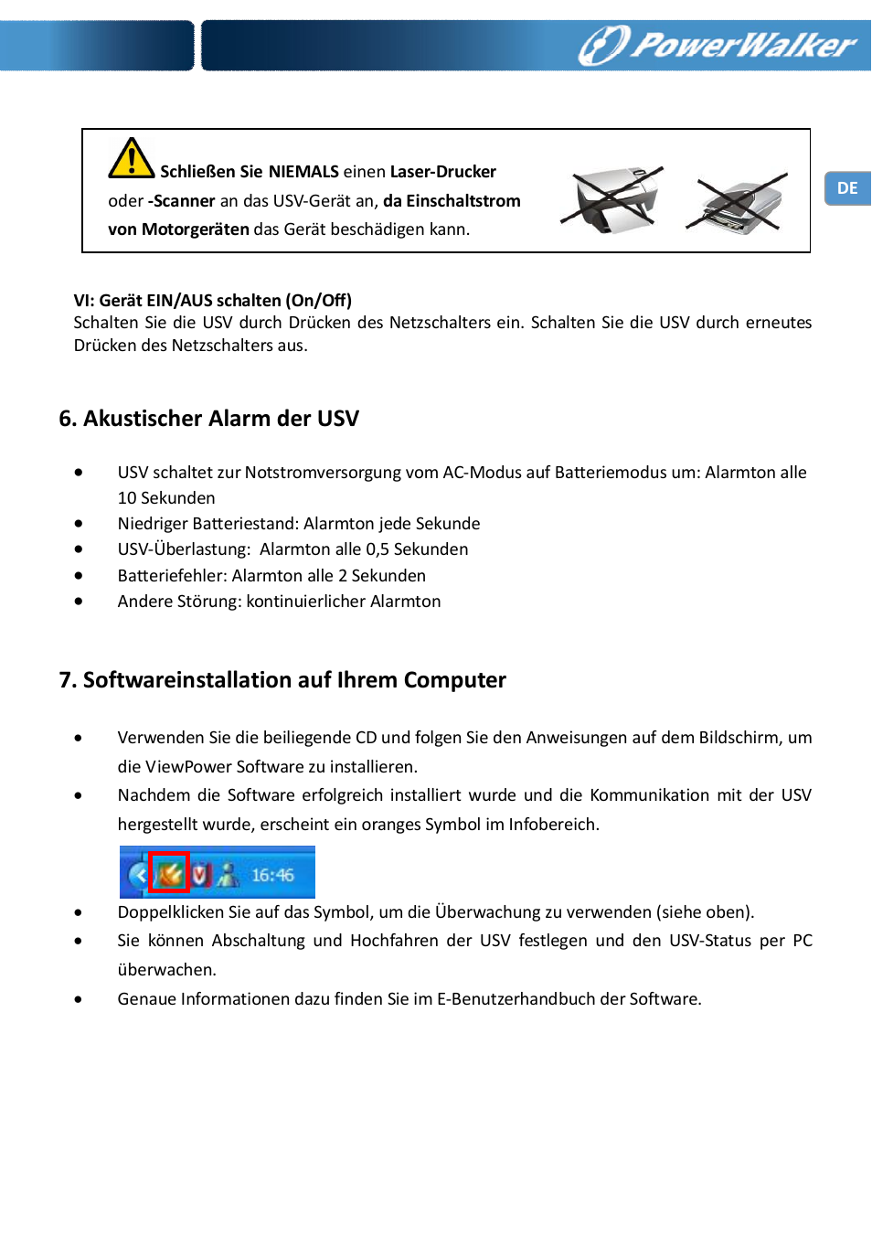 Akustischer alarm der usv, Softwareinstallation auf ihrem computer | PowerWalker VI 650 LCD_FR User Manual | Page 15 / 40