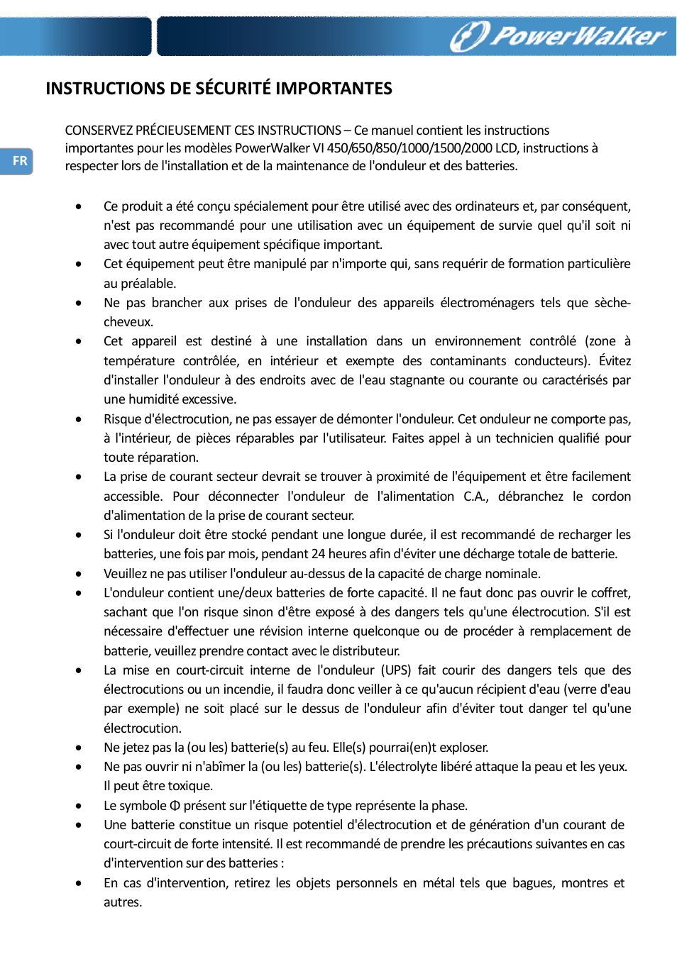 Instructions de sécurité importantes | PowerWalker VI 650 LCD_FR User Manual | Page 18 / 40