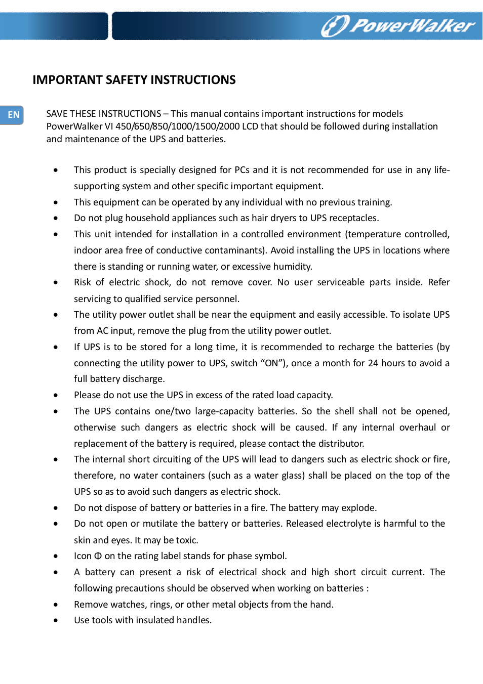 Important safety instructions | PowerWalker VI 650 LCD_FR User Manual | Page 2 / 40