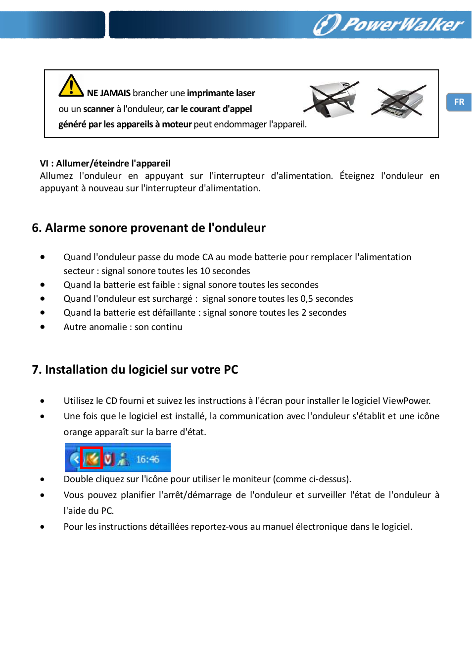 Alarme sonore provenant de l'onduleur, Installation du logiciel sur votre pc | PowerWalker VI 650 LCD_FR User Manual | Page 23 / 40