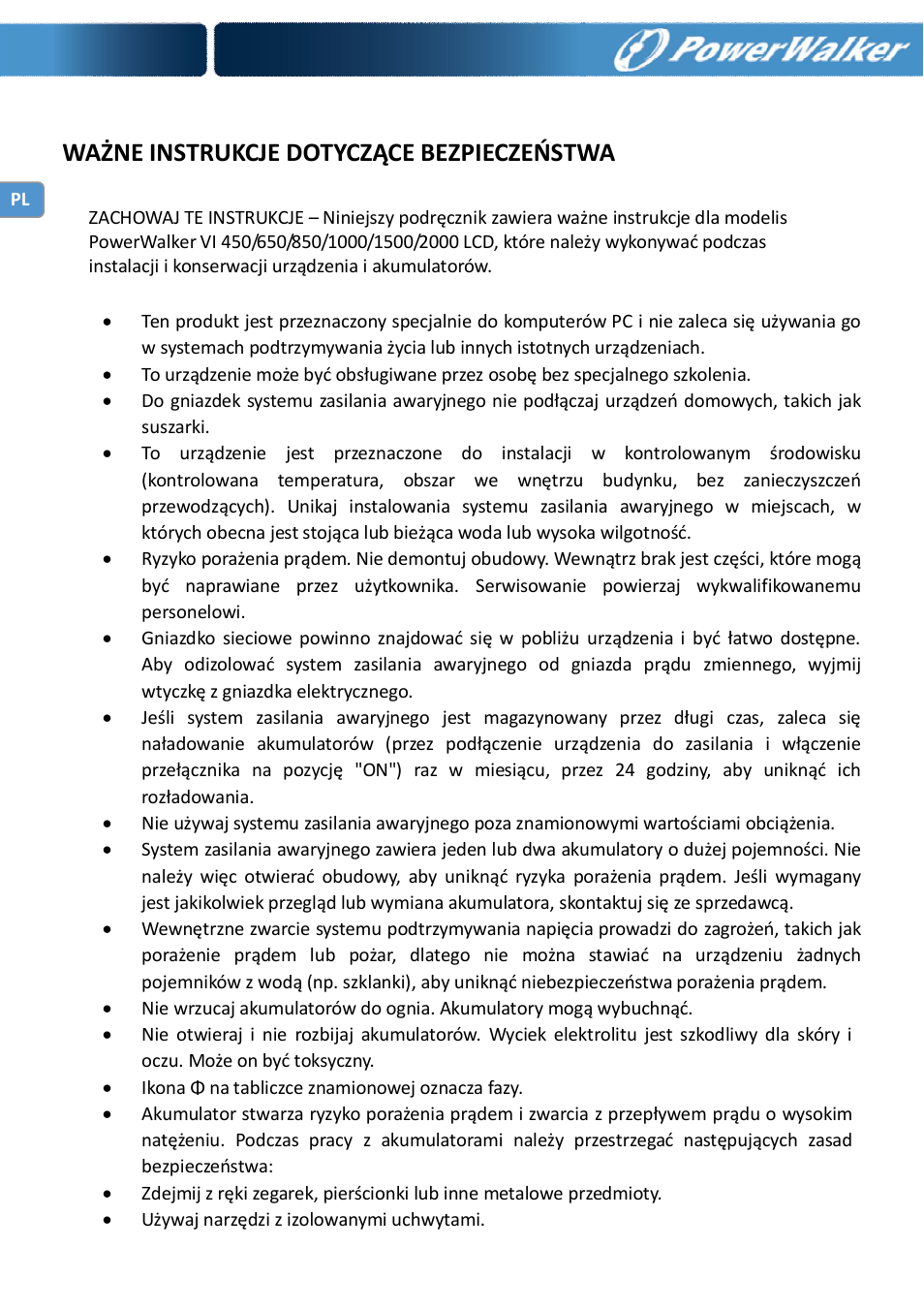 Ważne instrukcje dotyczące bezpieczeństwa | PowerWalker VI 650 LCD_FR User Manual | Page 26 / 40