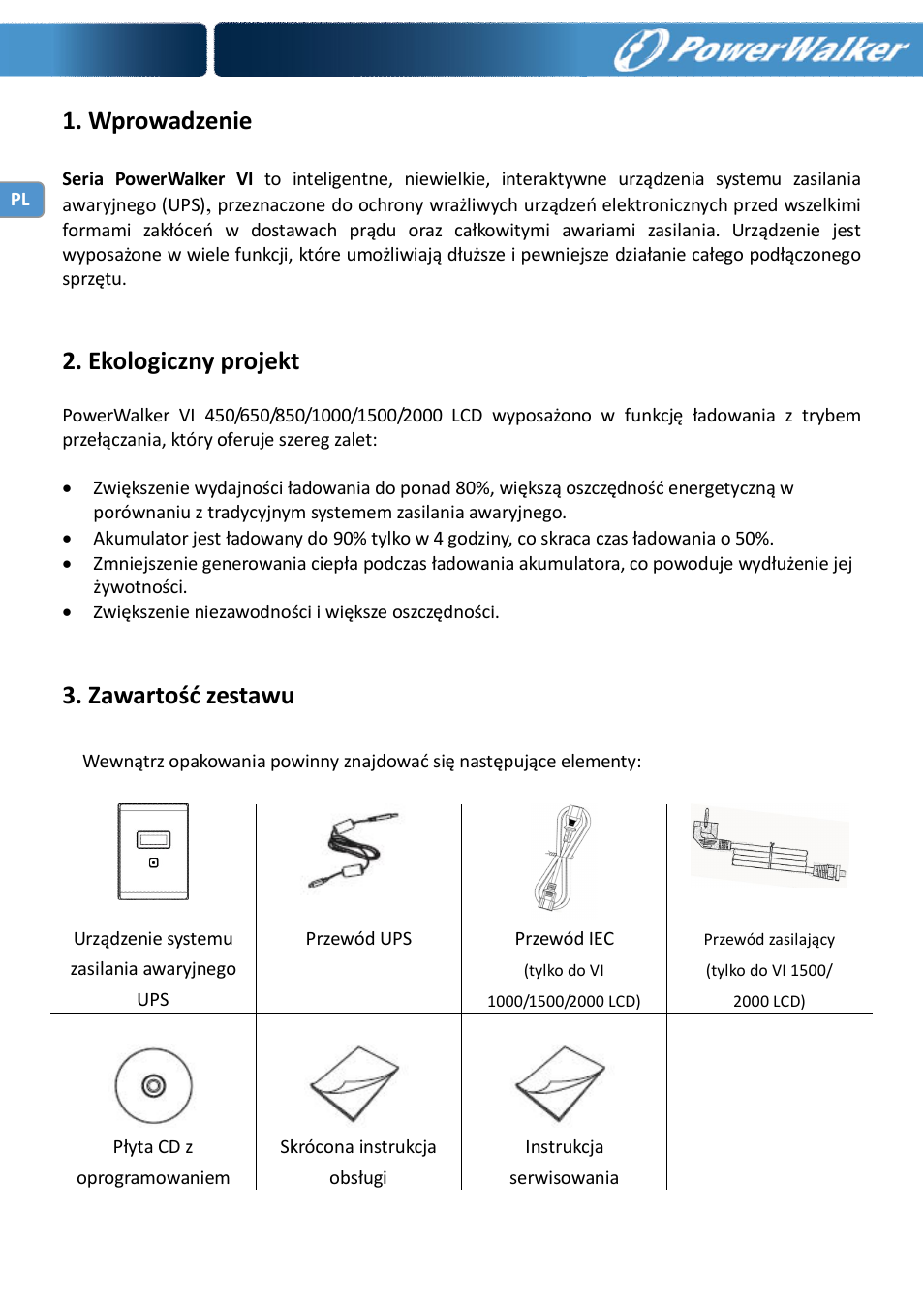 Wprowadzenie, Ekologiczny projekt, Zawartość zestawu | PowerWalker VI 650 LCD_FR User Manual | Page 28 / 40