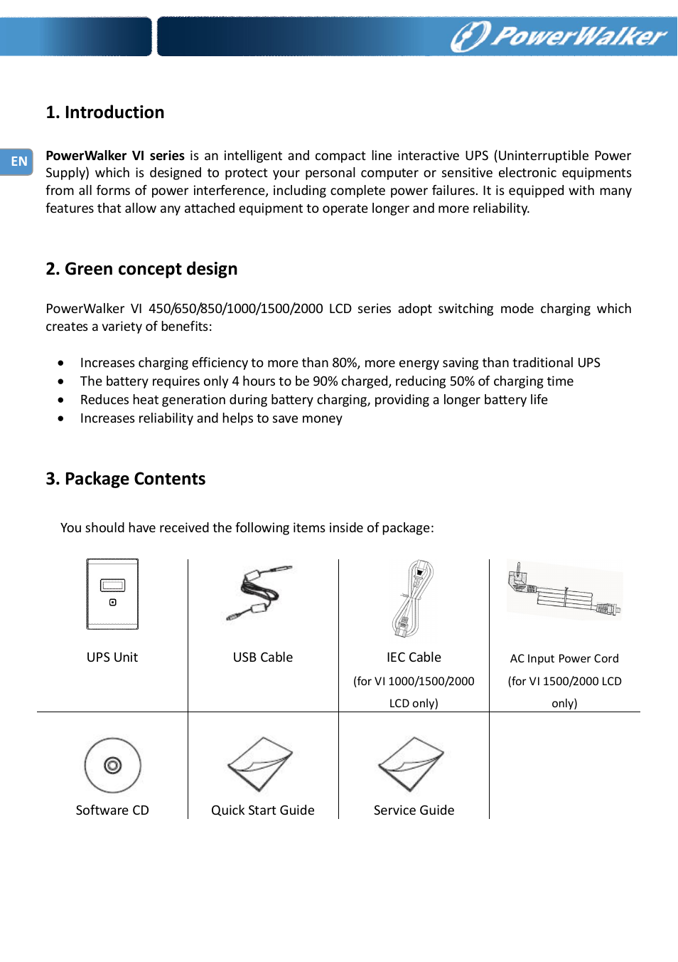 Introduction, Green concept design, Package contents | PowerWalker VI 650 LCD_FR User Manual | Page 4 / 40