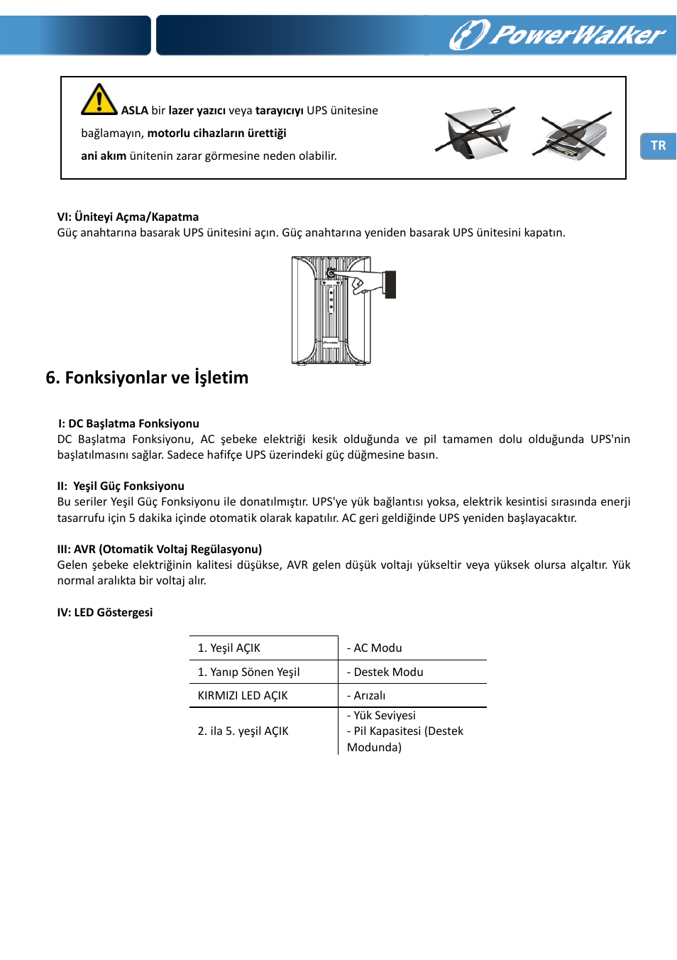 Fonksiyonlar ve işletim | PowerWalker VI 1000 User Manual | Page 107 / 220