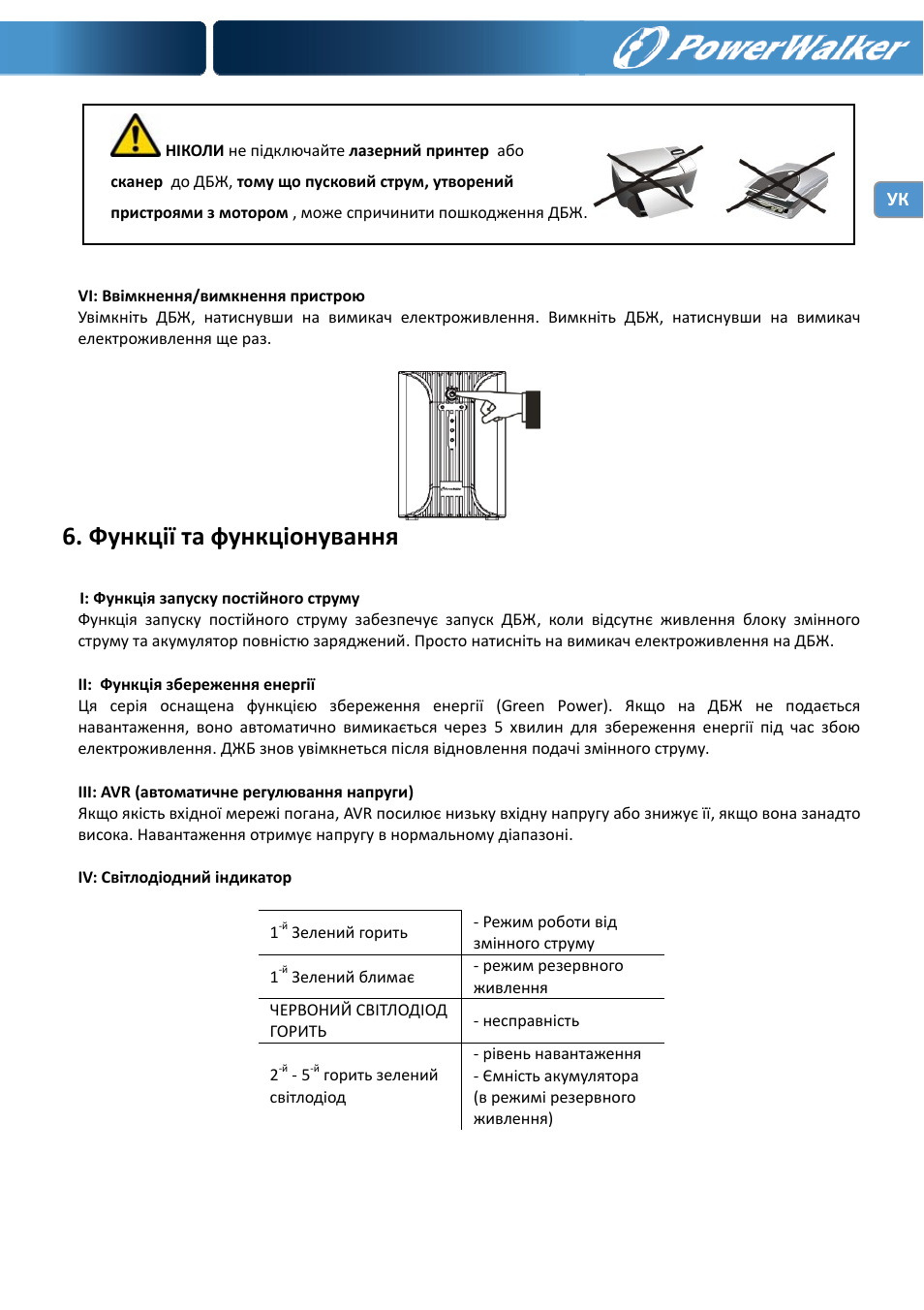 Функції та функціонування | PowerWalker VI 1000 User Manual | Page 129 / 220