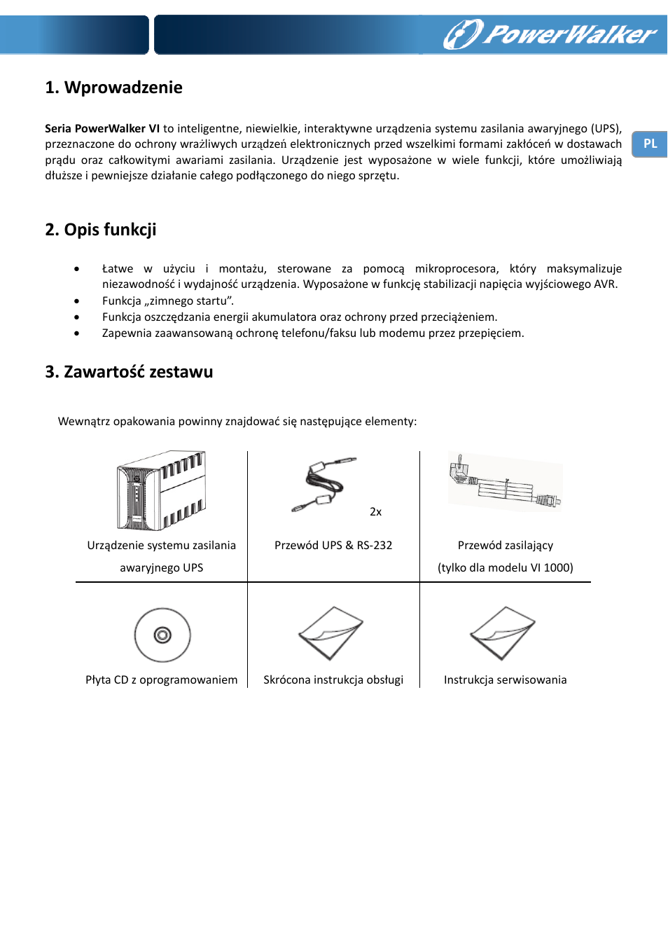 Wprowadzenie, Opis funkcji, Zawartość zestawu | PowerWalker VI 1000 User Manual | Page 147 / 220