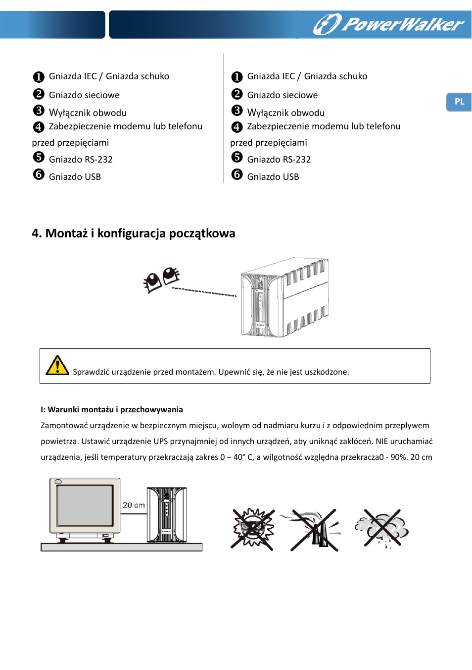 Montaż i konfiguracja początkowa | PowerWalker VI 1000 User Manual | Page 149 / 220