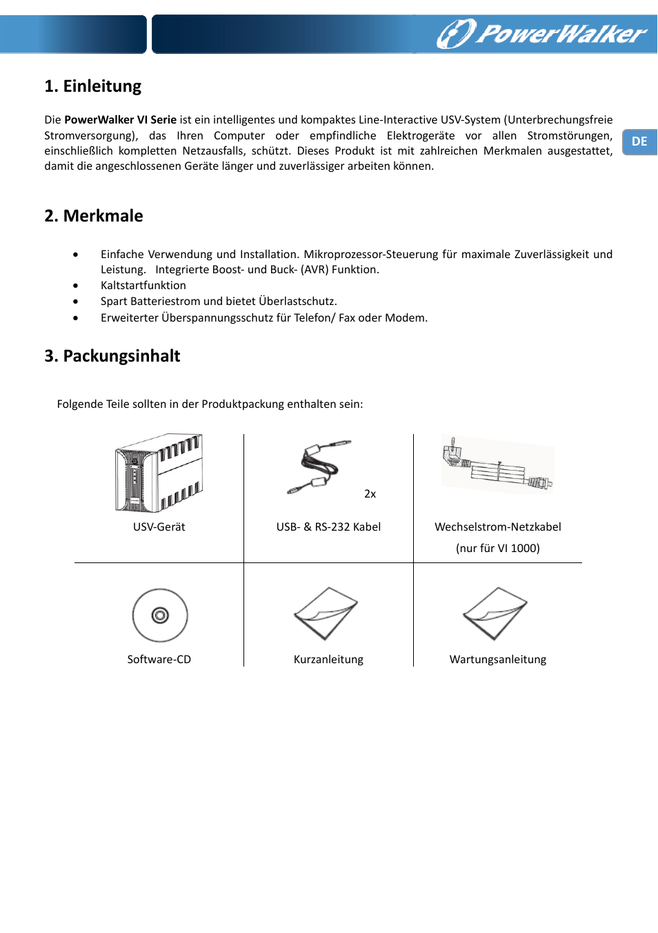 Einleitung, Merkmale, Packungsinhalt | PowerWalker VI 1000 User Manual | Page 15 / 220