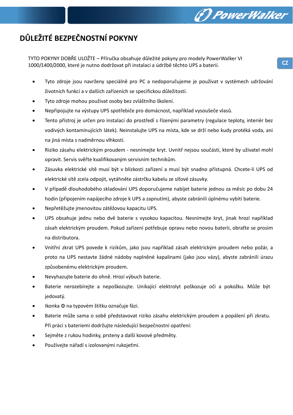 Důležité bezpečnostní pokyny | PowerWalker VI 1000 User Manual | Page 156 / 220