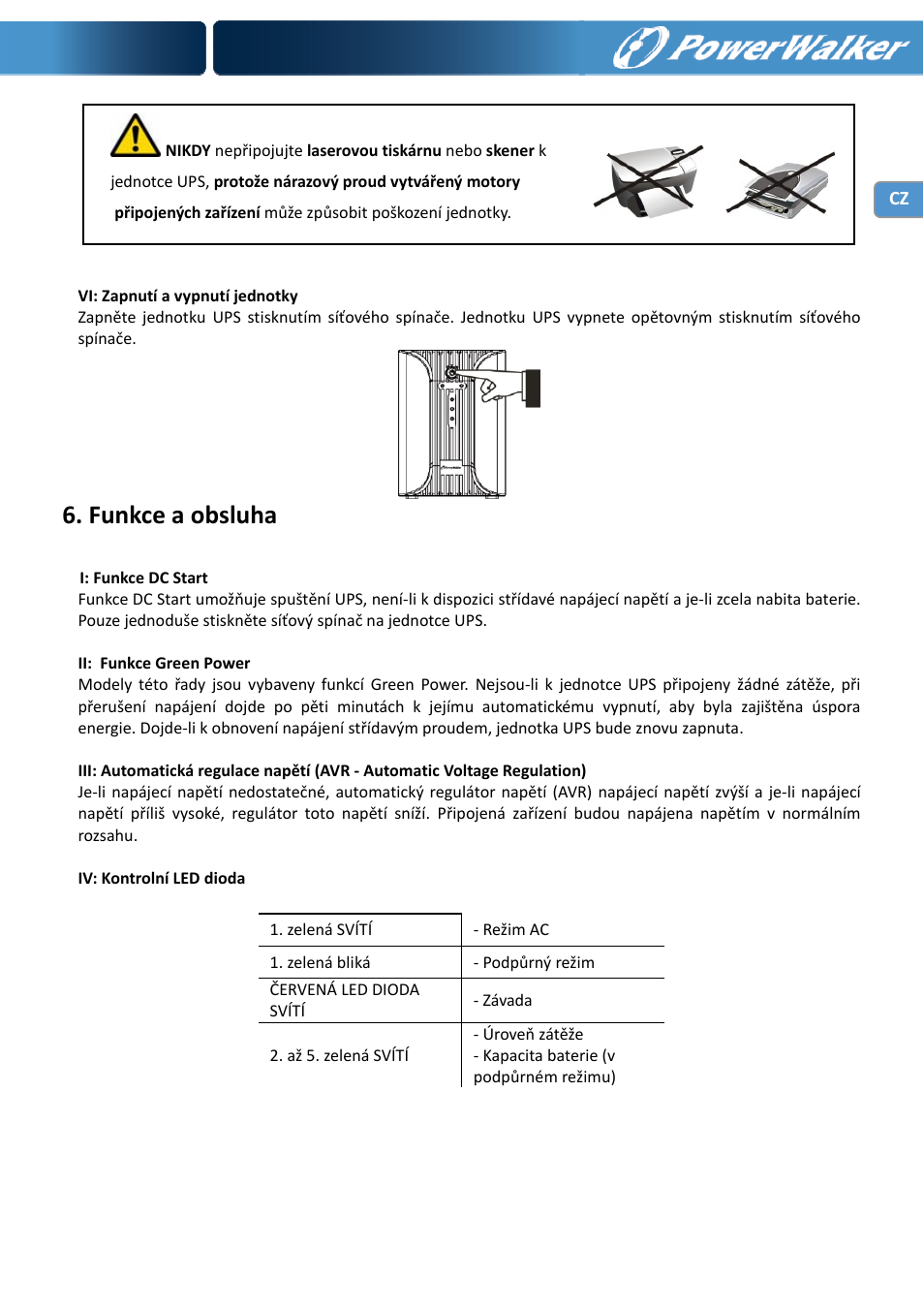 Funkce a obsluha | PowerWalker VI 1000 User Manual | Page 162 / 220