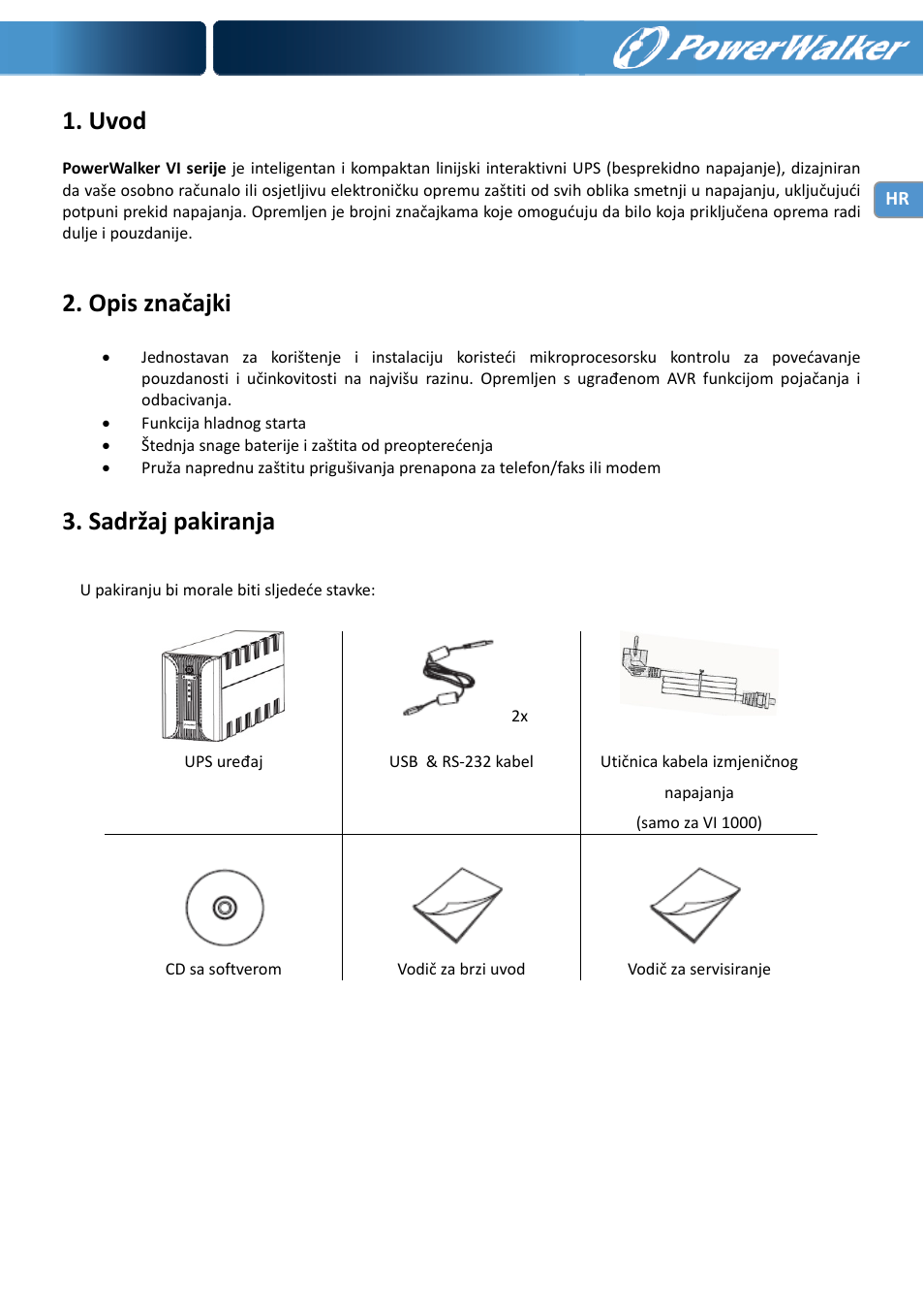 Uvod, Opis značajki, Sadržaj pakiranja | PowerWalker VI 1000 User Manual | Page 169 / 220