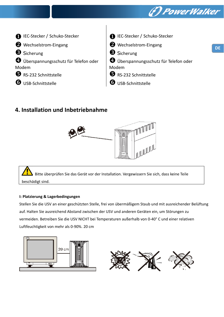 Installation und inbetriebnahme | PowerWalker VI 1000 User Manual | Page 17 / 220