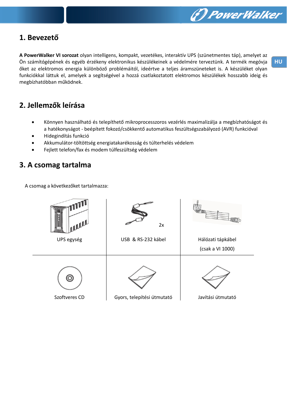 Bevezető, Jellemzők leírása, A csomag tartalma | PowerWalker VI 1000 User Manual | Page 180 / 220