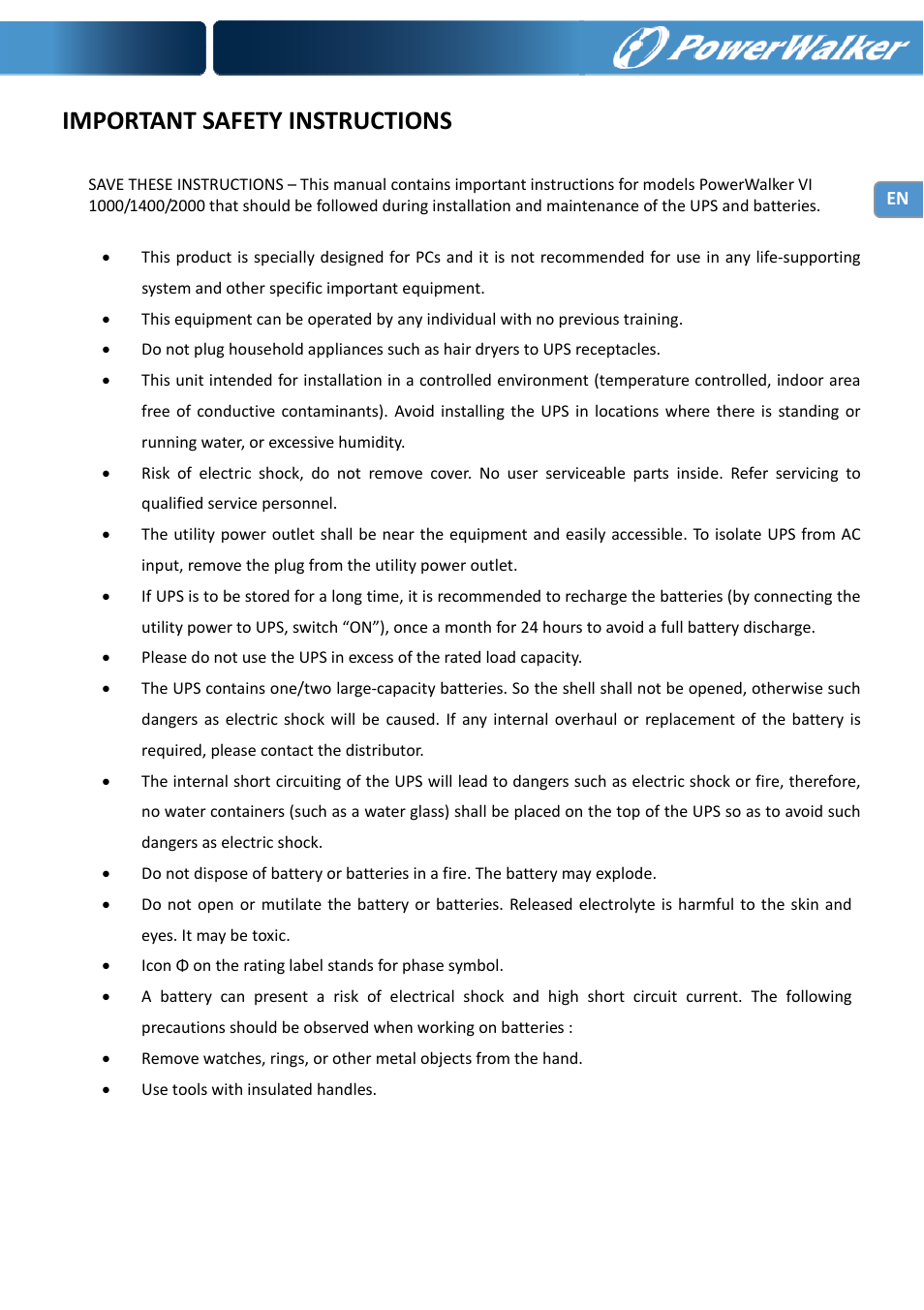 Important safety instructions | PowerWalker VI 1000 User Manual | Page 2 / 220