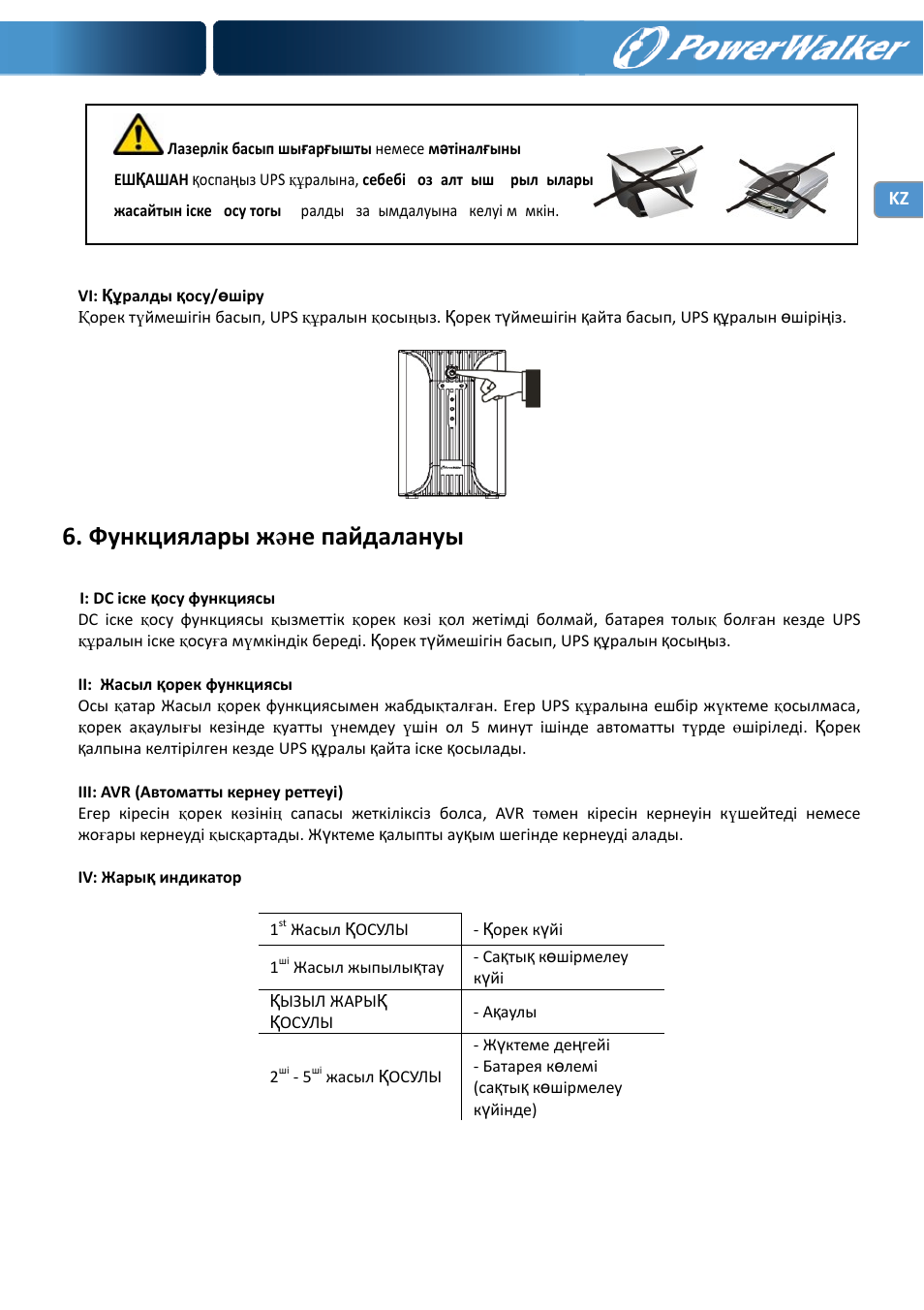 Функциялары жəне пайдалануы | PowerWalker VI 1000 User Manual | Page 206 / 220