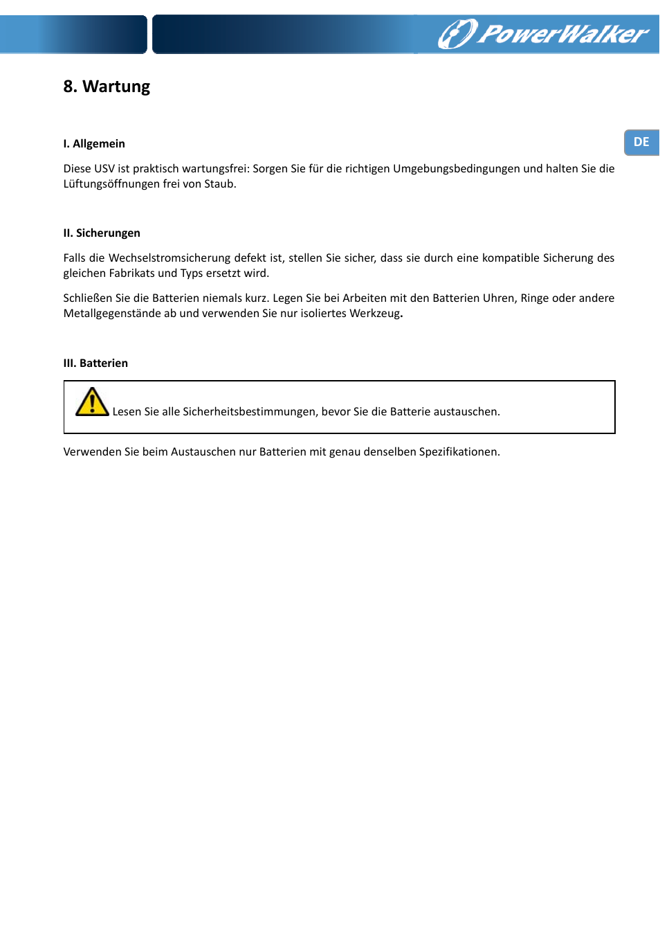 Wartung | PowerWalker VI 1000 User Manual | Page 21 / 220