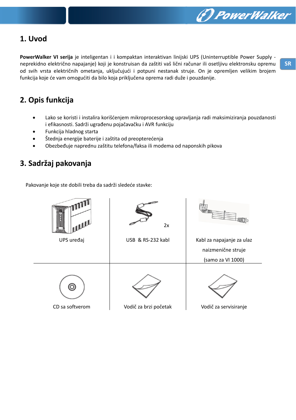 Uvod, Opis funkcija, Sadržaj pakovanja | PowerWalker VI 1000 User Manual | Page 213 / 220