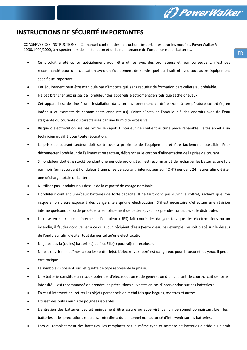 Instructions de sécurité importantes | PowerWalker VI 1000 User Manual | Page 24 / 220