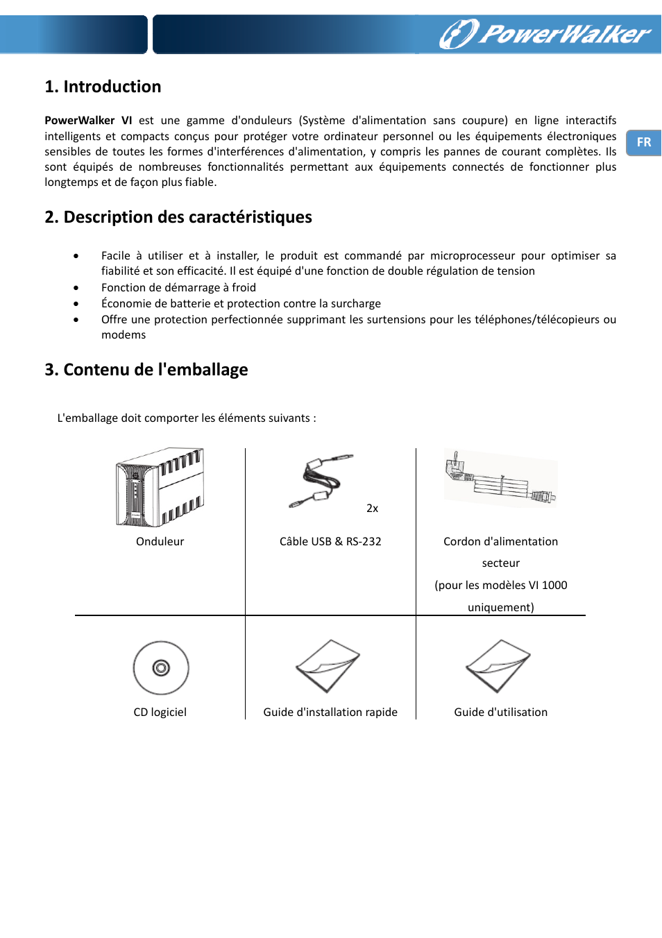 Introduction, Description des caractéristiques, Contenu de l'emballage | PowerWalker VI 1000 User Manual | Page 26 / 220