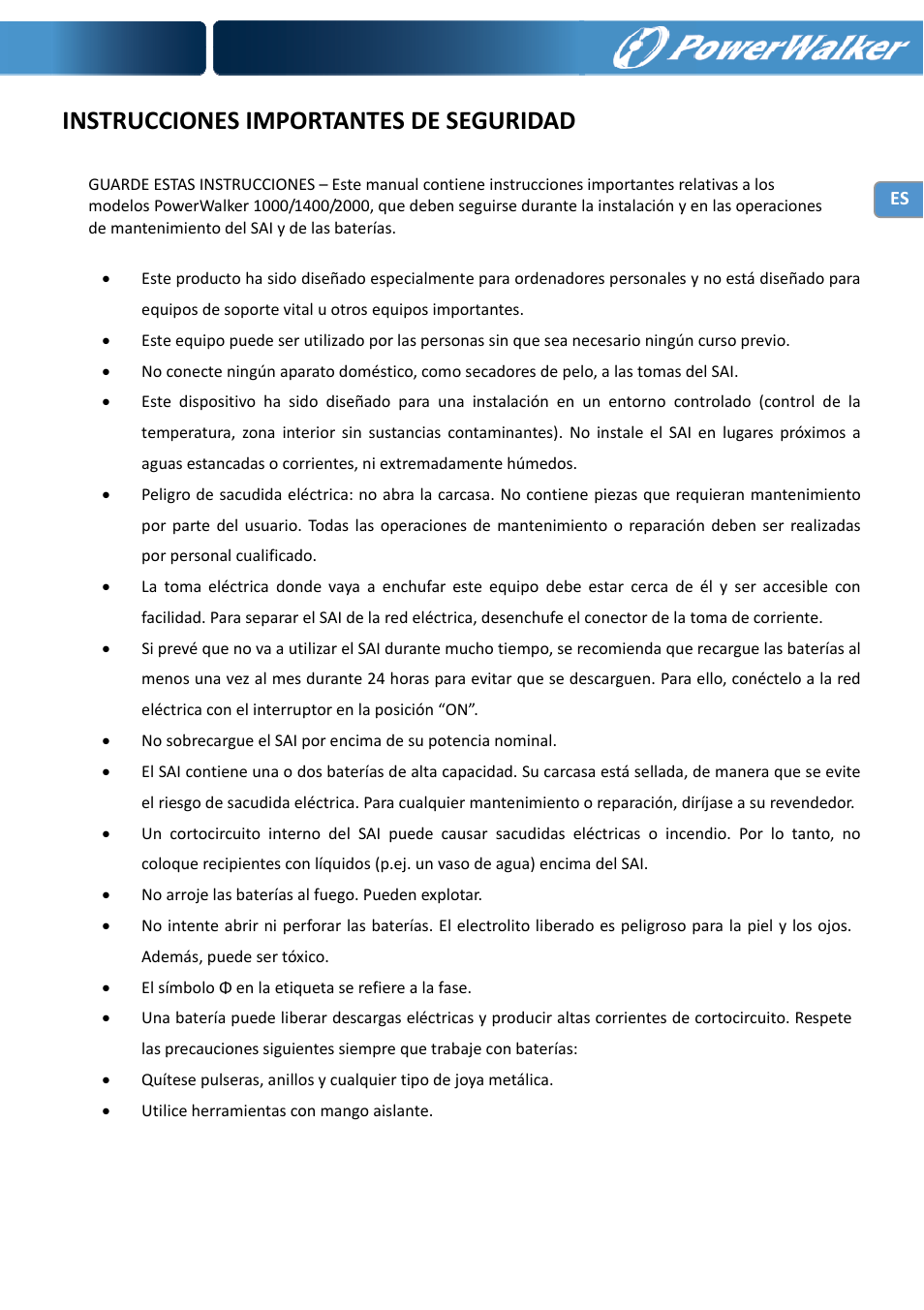 Instrucciones importantes de seguridad | PowerWalker VI 1000 User Manual | Page 35 / 220