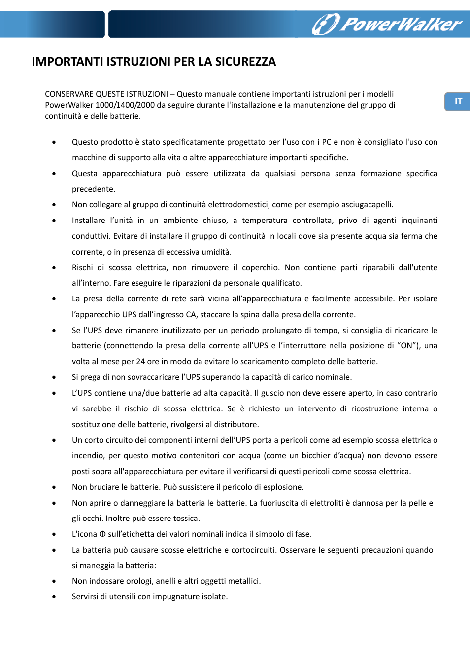Importanti istruzioni per la sicurezza | PowerWalker VI 1000 User Manual | Page 46 / 220