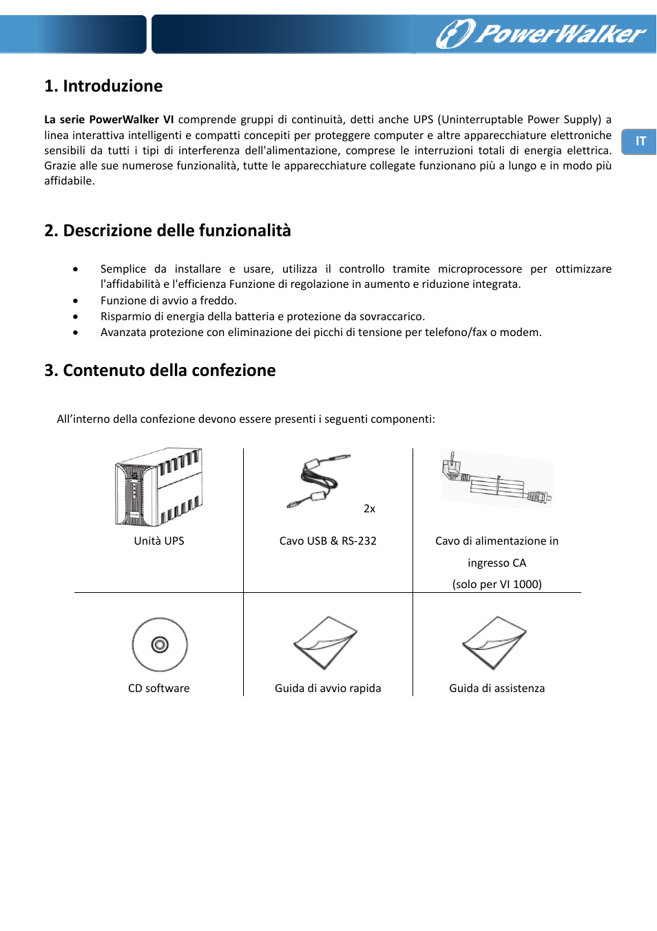 Introduzione, Descrizione delle funzionalità, Contenuto della confezione | PowerWalker VI 1000 User Manual | Page 48 / 220