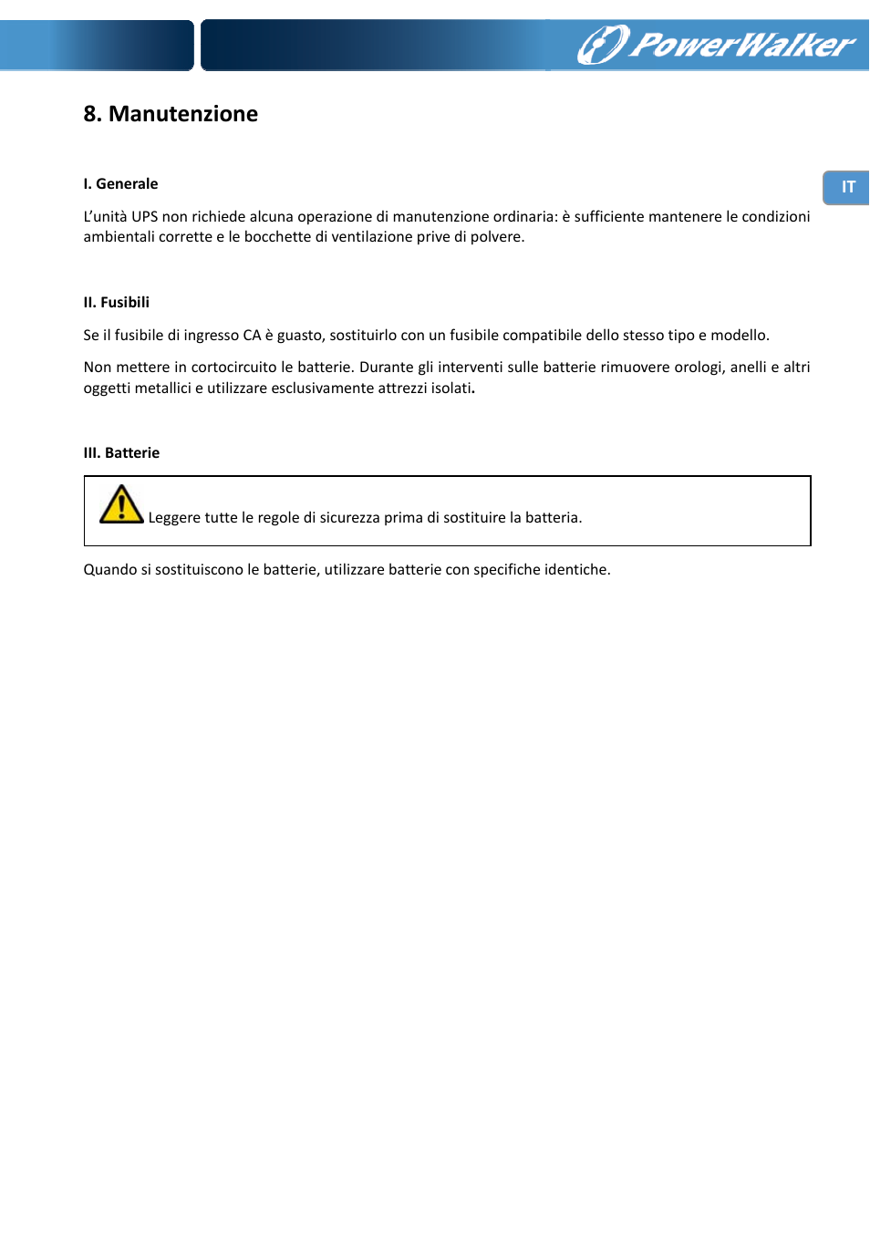 Manutenzione | PowerWalker VI 1000 User Manual | Page 54 / 220