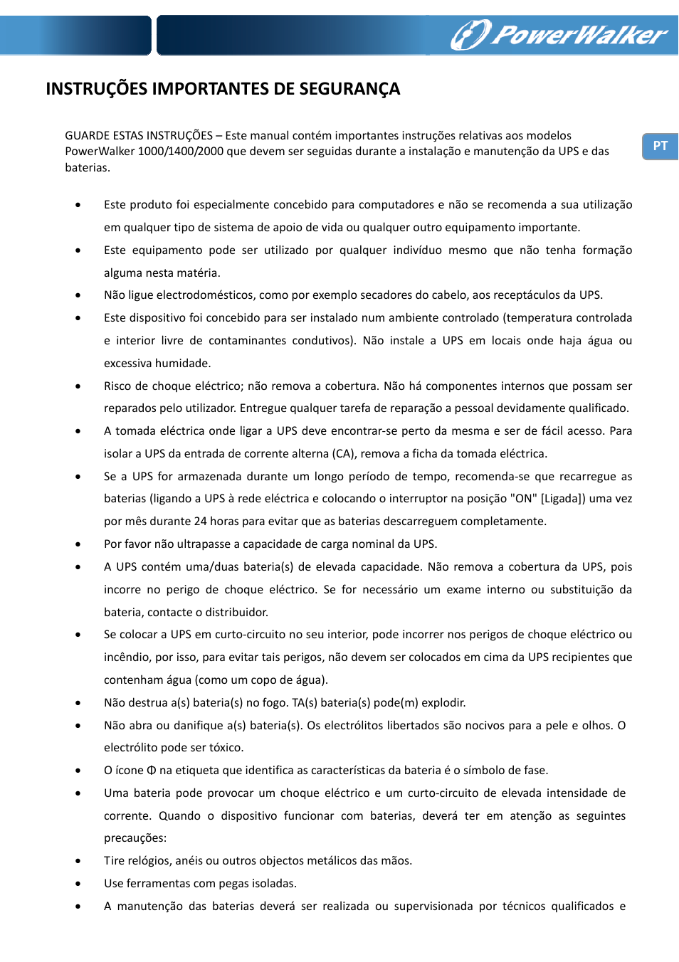 Instruções importantes de segurança | PowerWalker VI 1000 User Manual | Page 57 / 220