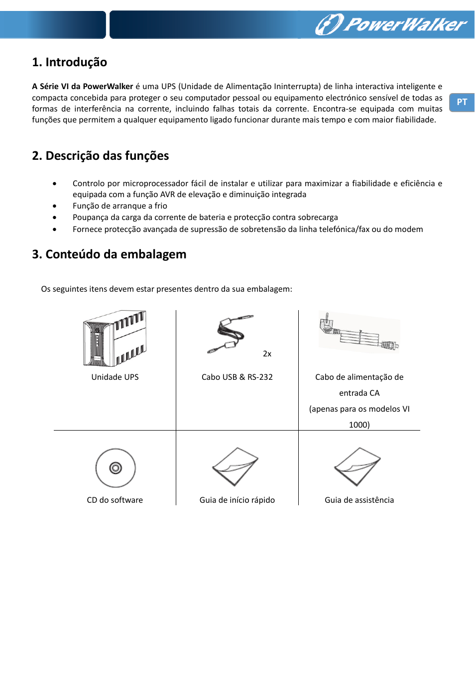 Introdução, Descrição das funções, Conteúdo da embalagem | PowerWalker VI 1000 User Manual | Page 59 / 220